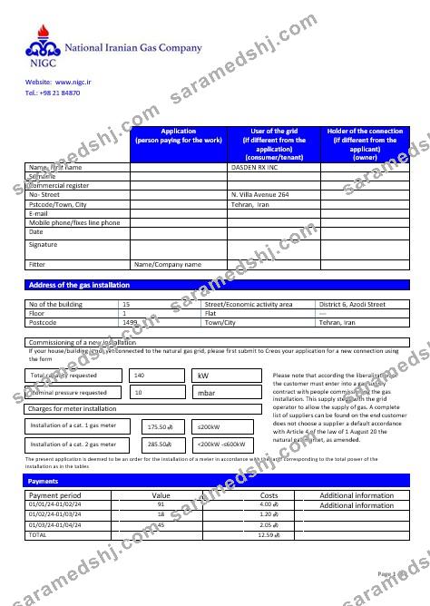 Iran National Iranian Gas Company gas business utility bill template in Word and PDF format